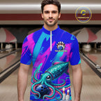 Custom Funny Octopus Bowling Polo 1/4-Zip Shirt Pink Blue Bowling Tournament Jersey