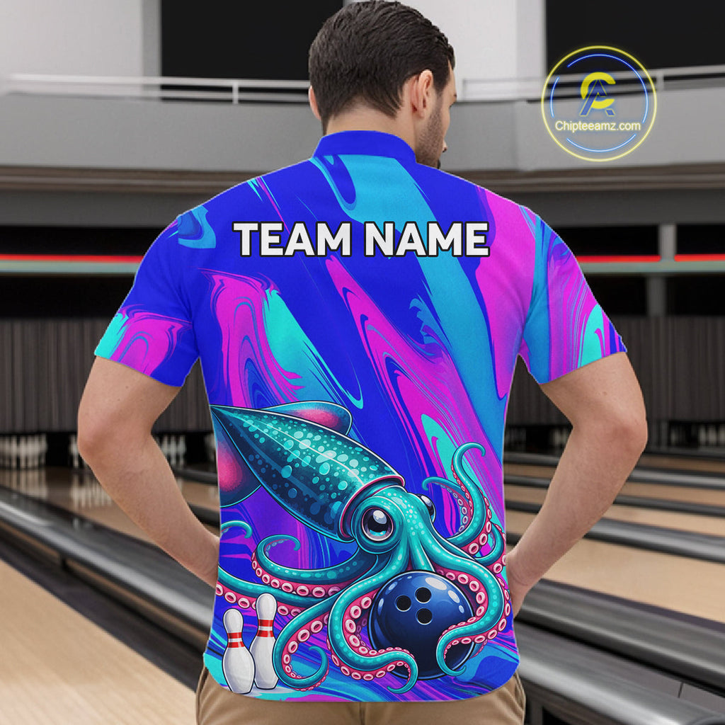 Custom Funny Octopus Bowling Polo 1/4-Zip Shirt Pink Blue Bowling Tournament Jersey
