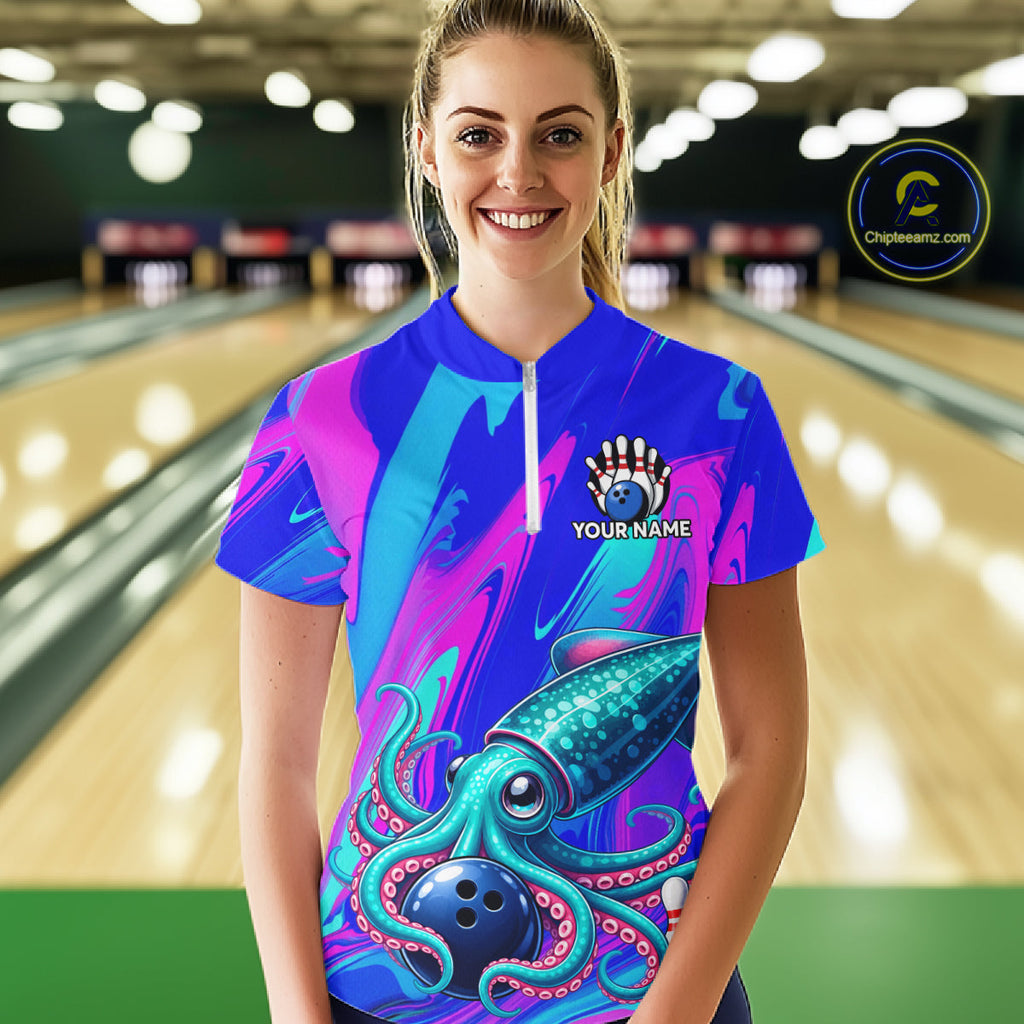 Custom Funny Octopus Bowling Polo 1/4-Zip Shirt Pink Blue Bowling Tournament Jersey