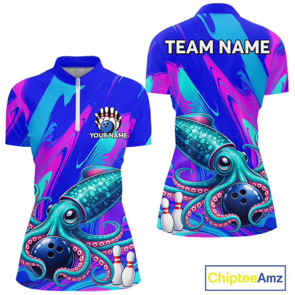 Custom Funny Octopus Bowling Polo 1/4-Zip Shirt Pink Blue Bowling Tournament Jersey