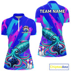 Custom Funny Octopus Bowling Polo 1/4-Zip Shirt Pink Blue Bowling Tournament Jersey