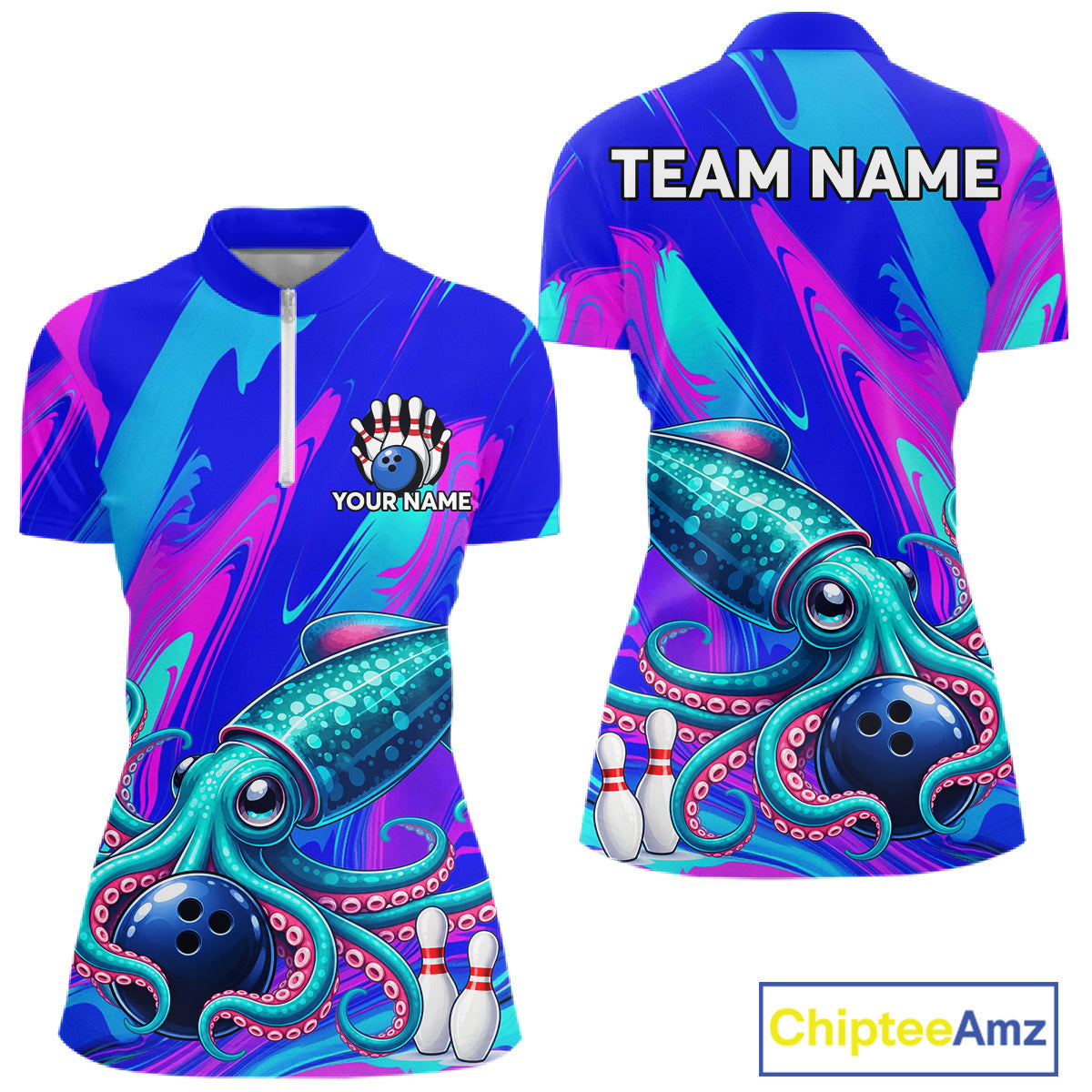 Custom Funny Octopus Bowling Polo 1/4-Zip Shirt Pink Blue Bowling Tournament Jersey