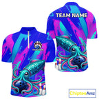 Custom Funny Octopus Bowling Polo 1/4-Zip Shirt Pink Blue Bowling Tournament Jersey