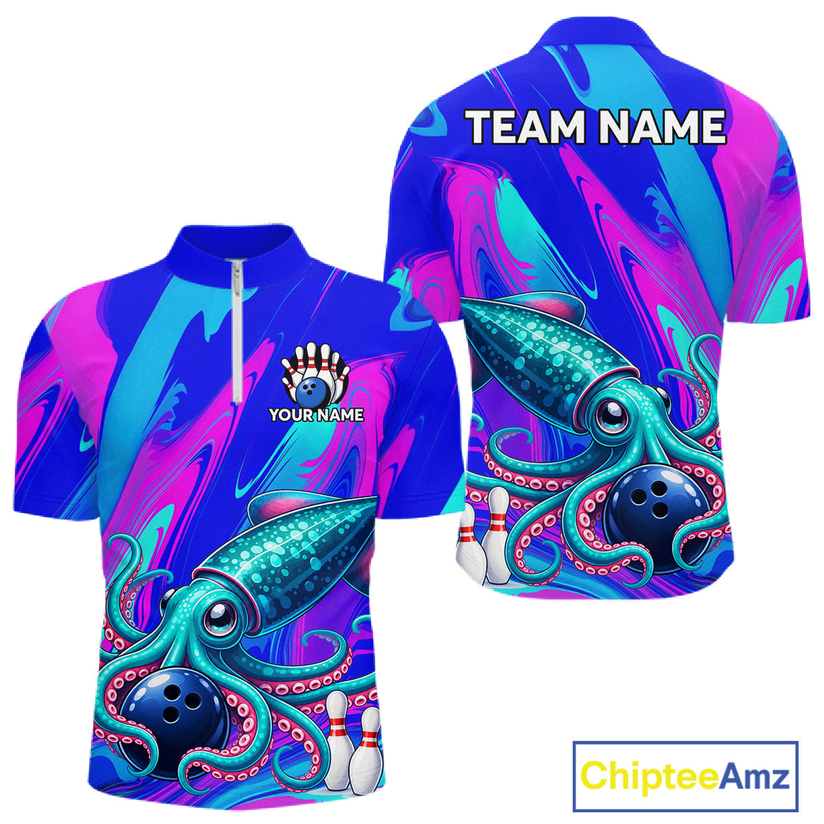 Custom Funny Octopus Bowling Polo 1/4-Zip Shirt Pink Blue Bowling Tournament Jersey