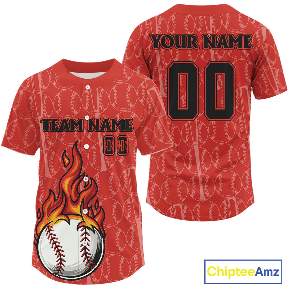 Custom Red Flames Baseball Ball Jersey Personalized Baseball Shirt
