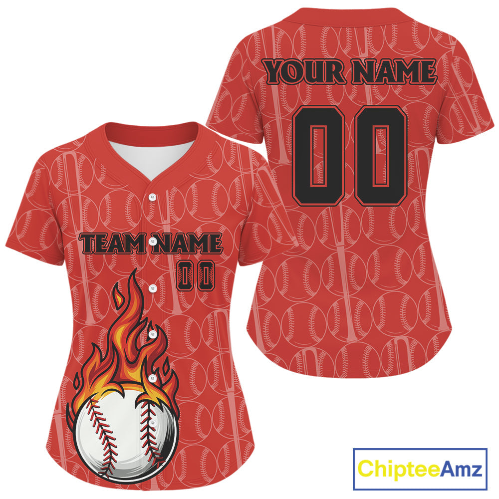 Custom Red Flames Baseball Ball Jersey Personalized Baseball Shirt