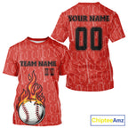 Custom Red Flames Baseball Ball T-Shirt Personalized Baseball Shirt