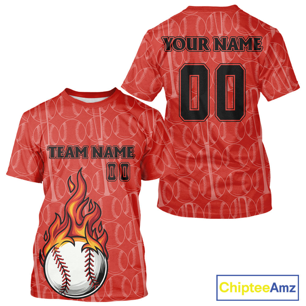 Custom Red Flames Baseball Ball T-Shirt Personalized Baseball Shirt