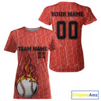 Custom Red Flames Baseball Ball T-Shirt Personalized Baseball Shirt