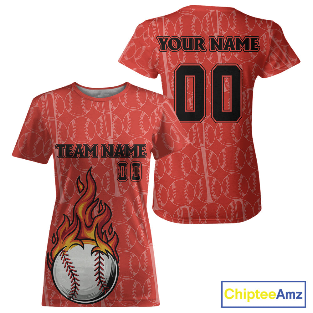 Custom Red Flames Baseball Ball T-Shirt Personalized Baseball Shirt