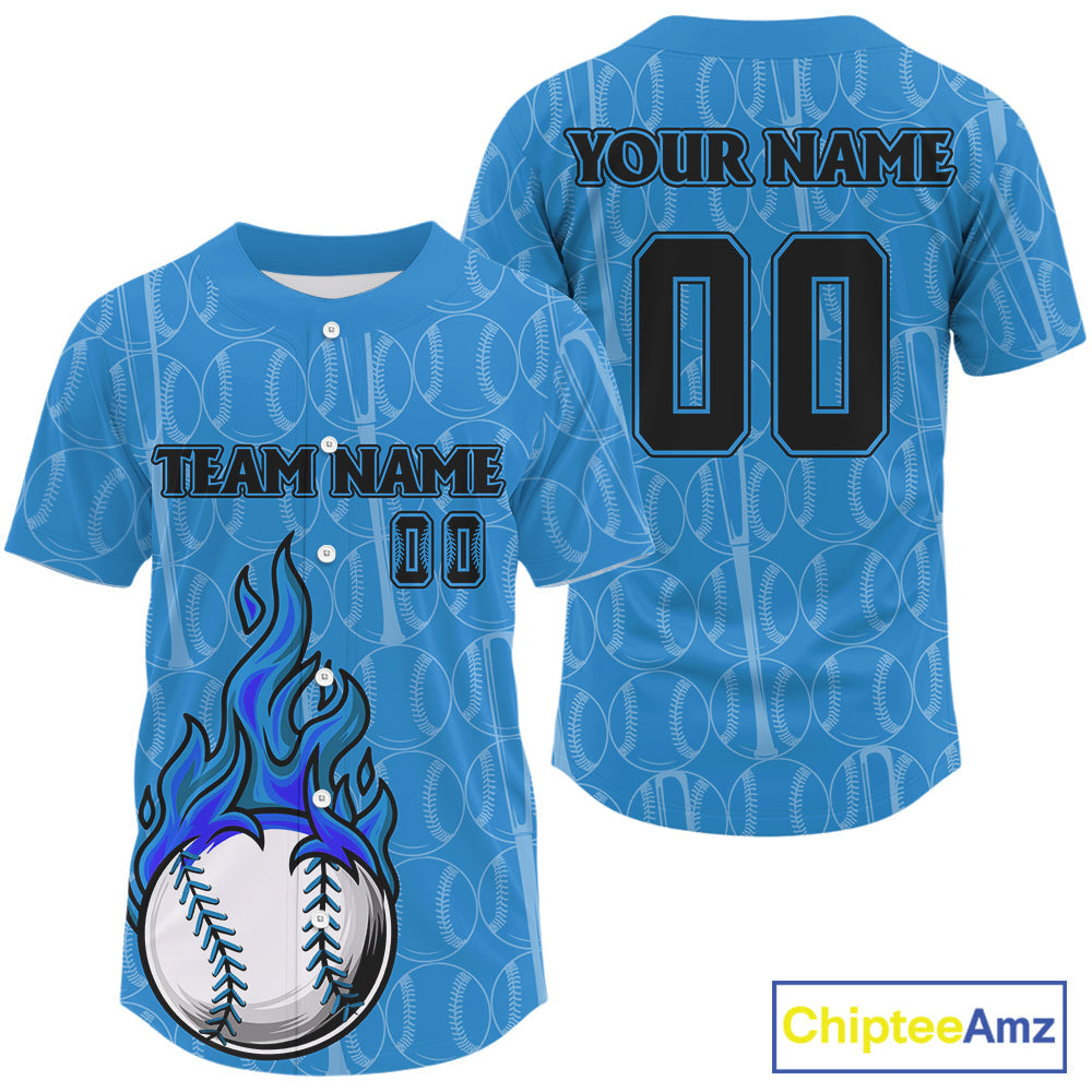 Custom Blue Flames Baseball Ball Jersey Personalized Baseball Shirt