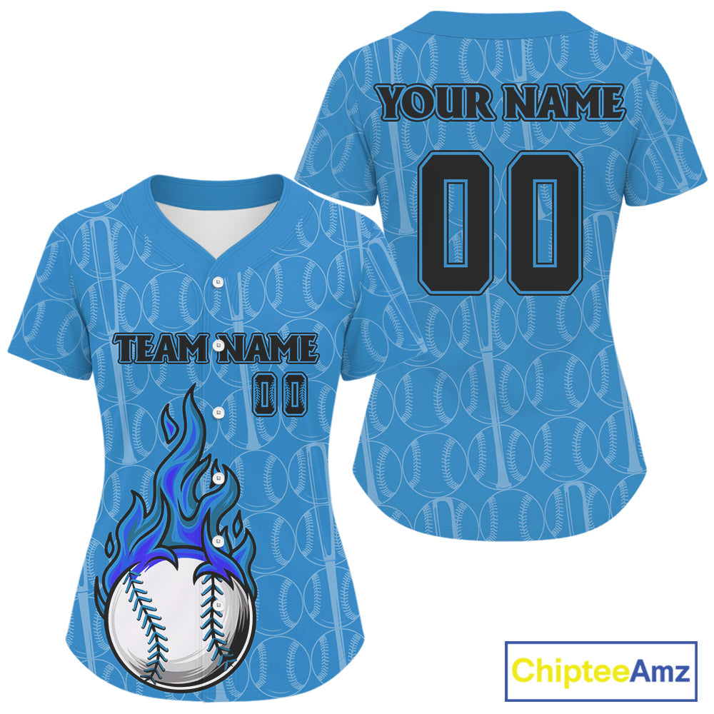 Custom Blue Flames Baseball Ball Jersey Personalized Baseball Shirt