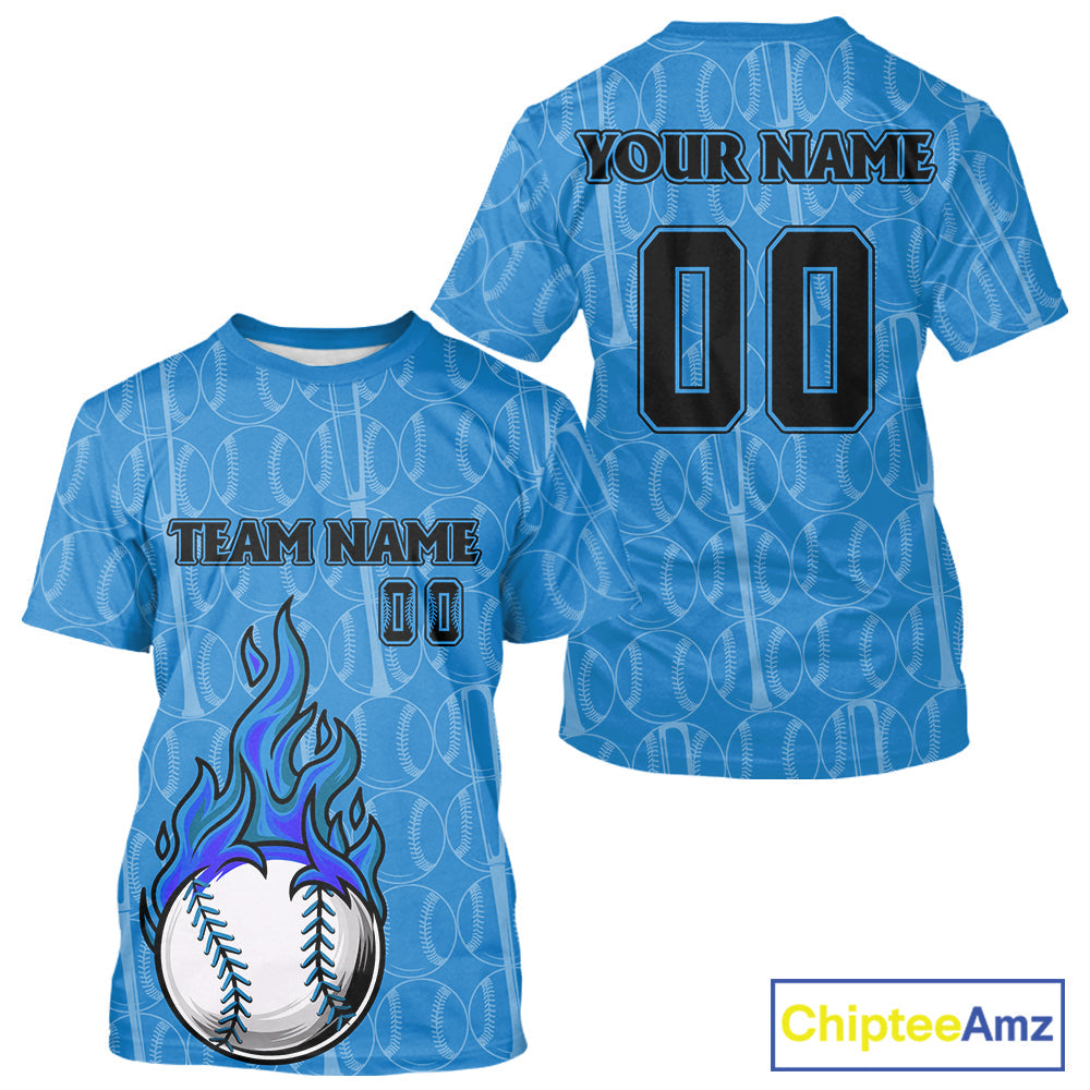 Custom Blue Flames Baseball Ball T-Shirt Personalized Baseball Shirt
