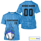 Custom Blue Flames Baseball Ball T-Shirt Personalized Baseball Shirt