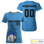 Custom Blue Flames Baseball Ball T-Shirt Personalized Baseball Shirt