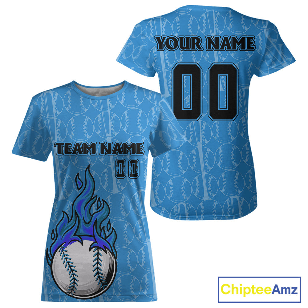 Custom Blue Flames Baseball Ball T-Shirt Personalized Baseball Shirt