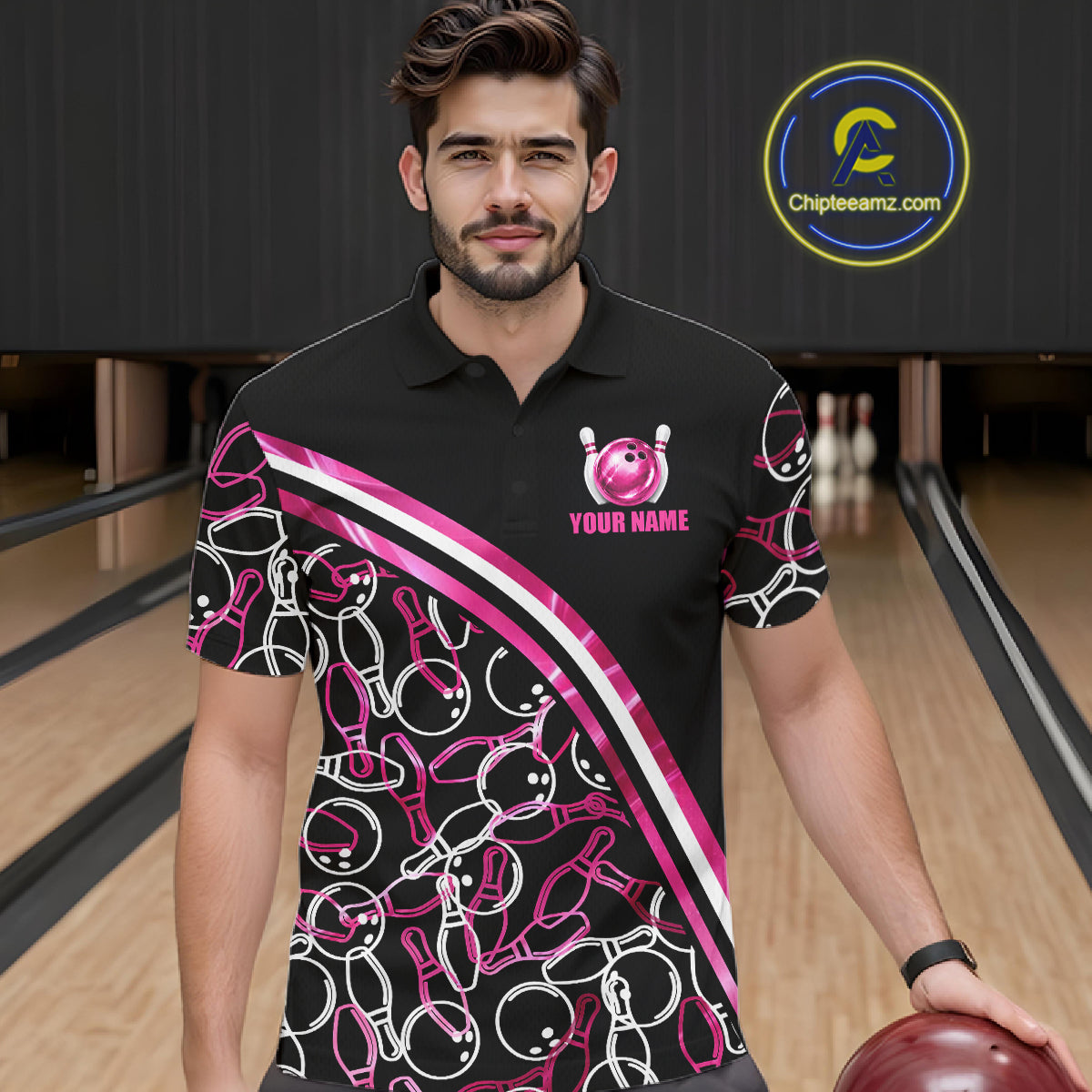 Personalized Holographic Bowling Polo 1/4-Zip Shirts Custom Pink Bowling Pattern Team Shirt