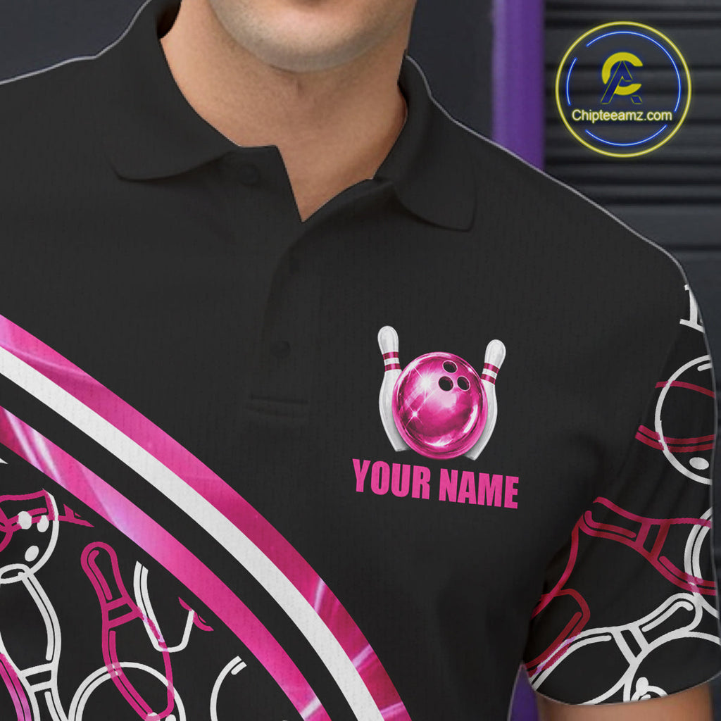 Personalized Holographic Bowling Polo 1/4-Zip Shirts Custom Pink Bowling Pattern Team Shirt