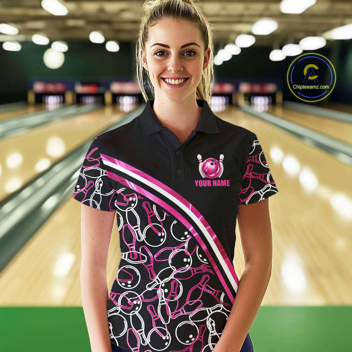Personalized Holographic Bowling Polo 1/4-Zip Shirts Custom Pink Bowling Pattern Team Shirt