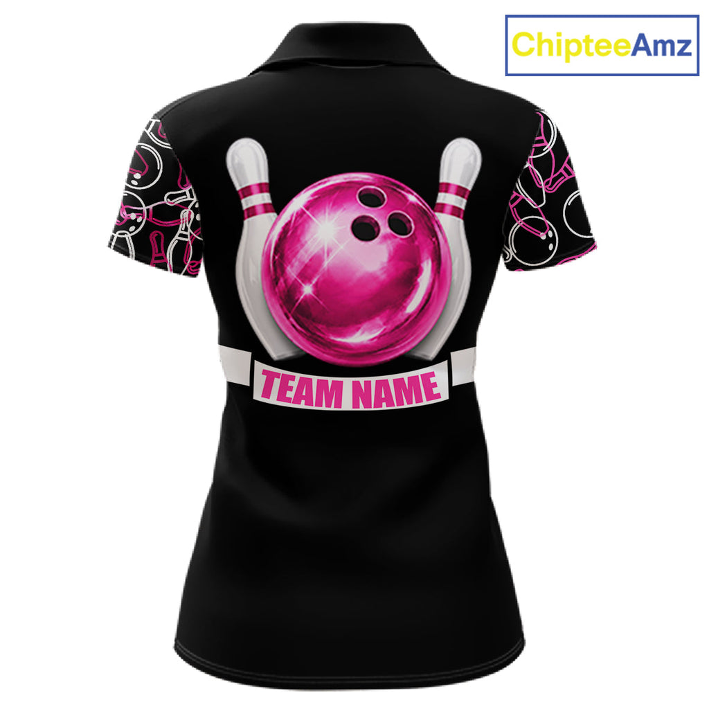 Personalized Holographic Bowling Polo 1/4-Zip Shirts Custom Pink Bowling Pattern Team Shirt
