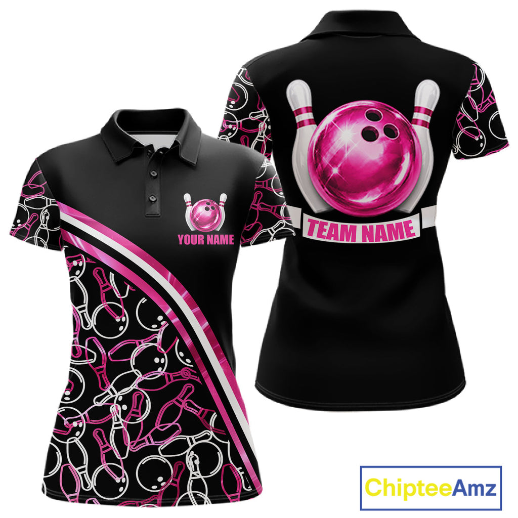 Personalized Holographic Bowling Polo 1/4-Zip Shirts Custom Pink Bowling Pattern Team Shirt