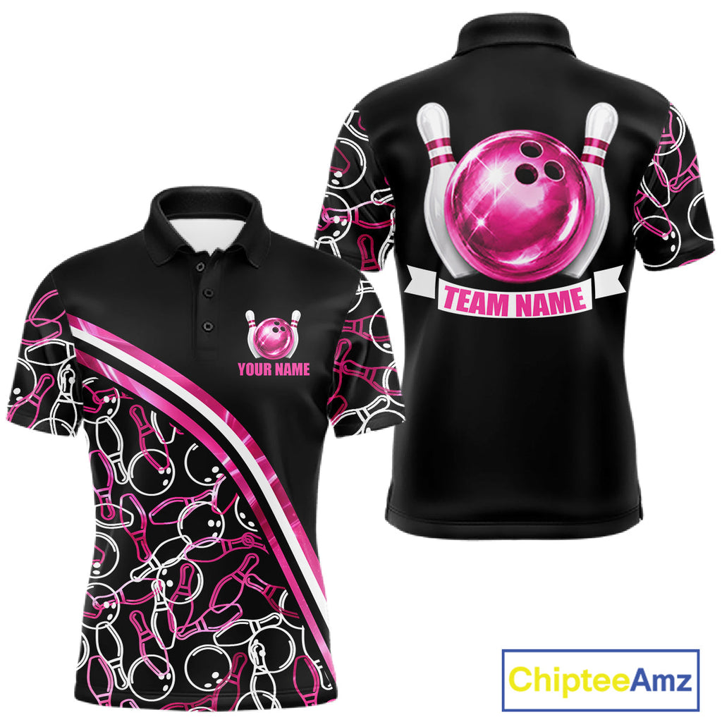 Personalized Holographic Bowling Polo 1/4-Zip Shirts Custom Pink Bowling Pattern Team Shirt