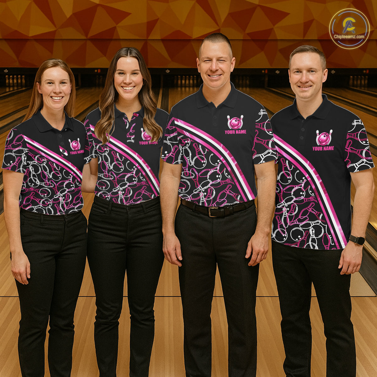 Personalized Holographic Bowling Polo 1/4-Zip Shirts Custom Pink Bowling Pattern Team Shirt