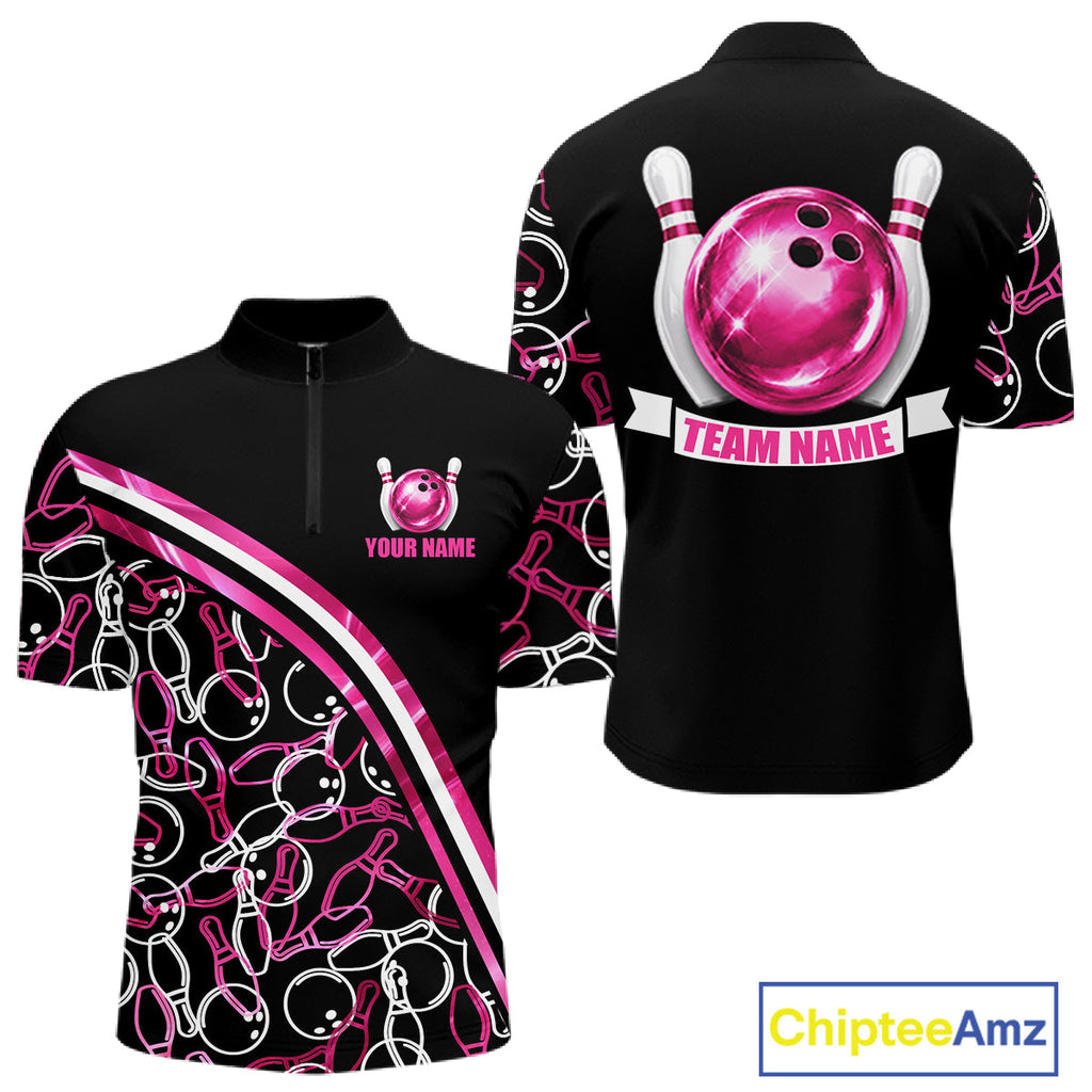 Personalized Holographic Bowling Polo 1/4-Zip Shirts Custom Pink Bowling Pattern Team Shirt