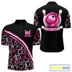 Personalized Holographic Bowling Polo 1/4-Zip Shirts Custom Pink Bowling Pattern Team Shirt