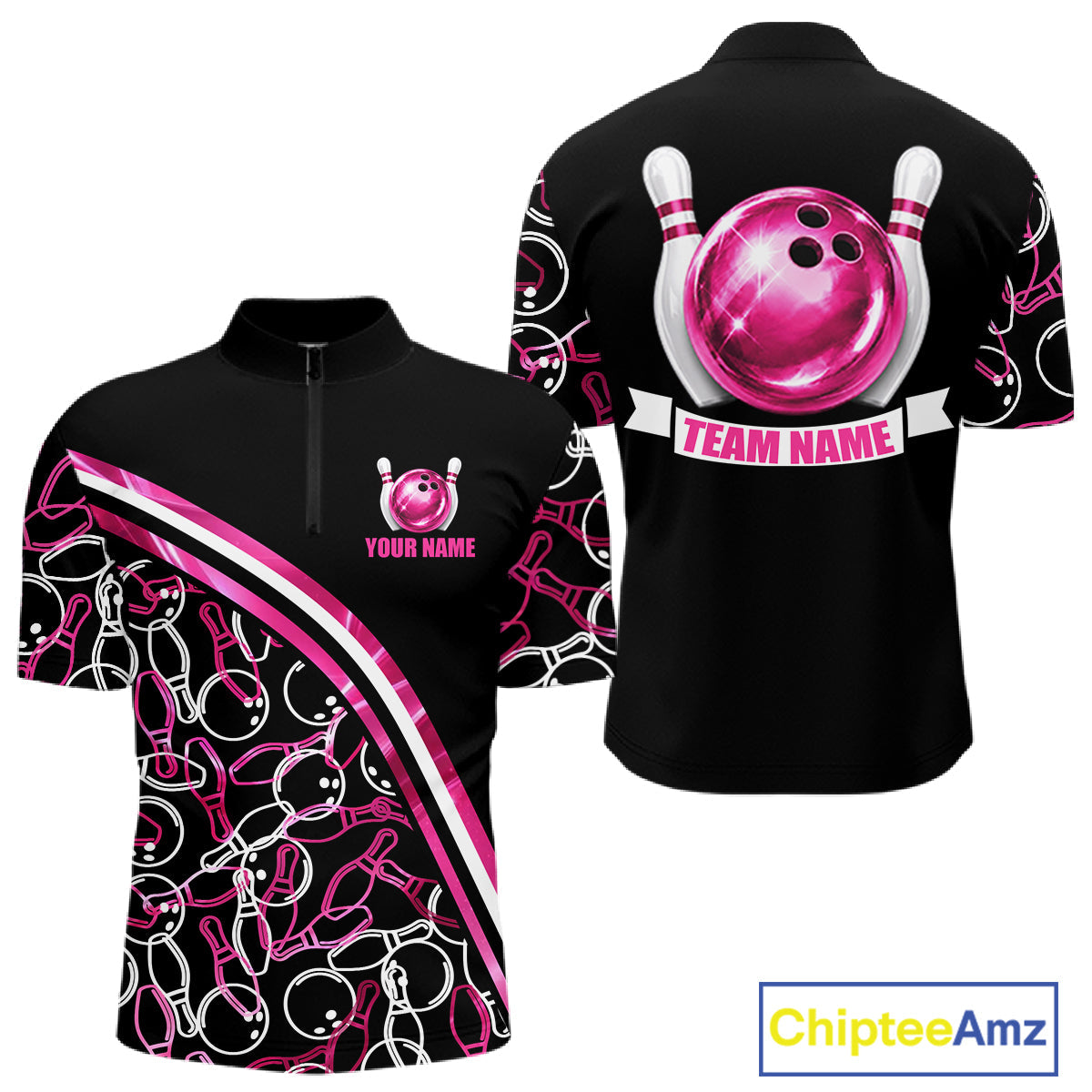 Personalized Holographic Bowling Polo 1/4-Zip Shirts Custom Pink Bowling Pattern Team Shirt