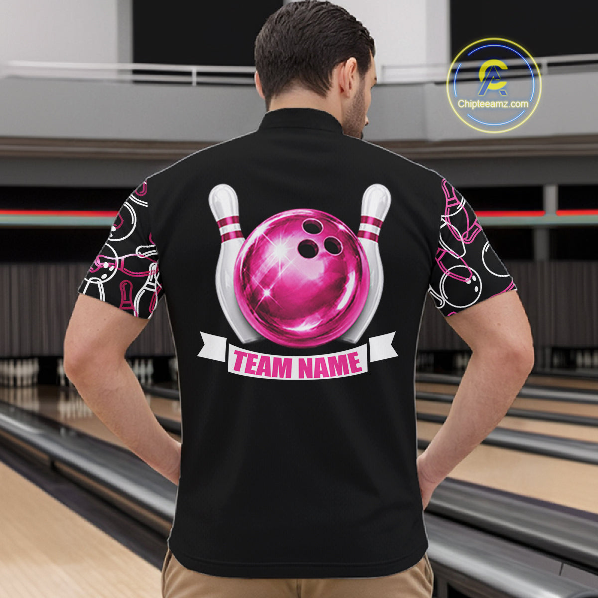 Personalized Holographic Bowling Polo 1/4-Zip Shirts Custom Pink Bowling Pattern Team Shirt