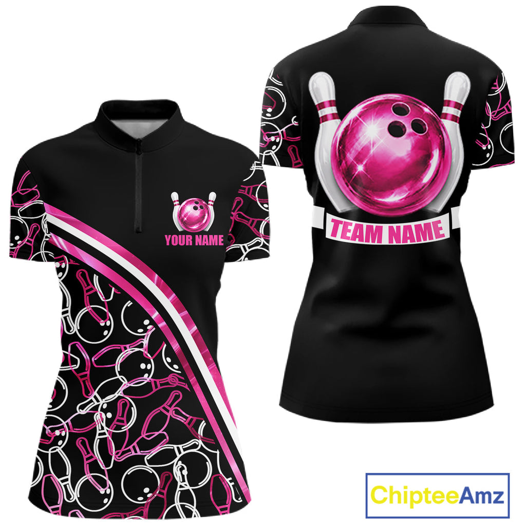 Personalized Holographic Bowling Polo 1/4-Zip Shirts Custom Pink Bowling Pattern Team Shirt