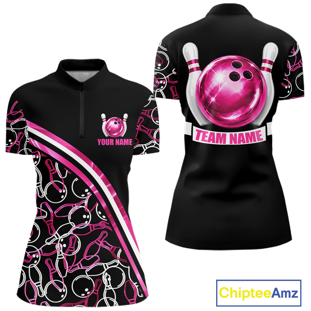 Personalized Holographic Bowling Polo 1/4-Zip Shirts Custom Pink Bowling Pattern Team Shirt