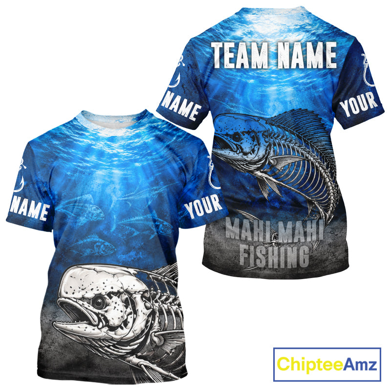 Personalized Skeleton Mahi Mahi Fishing Tournament Shirt Custom Name Fishing Jersey Fisherman Gift