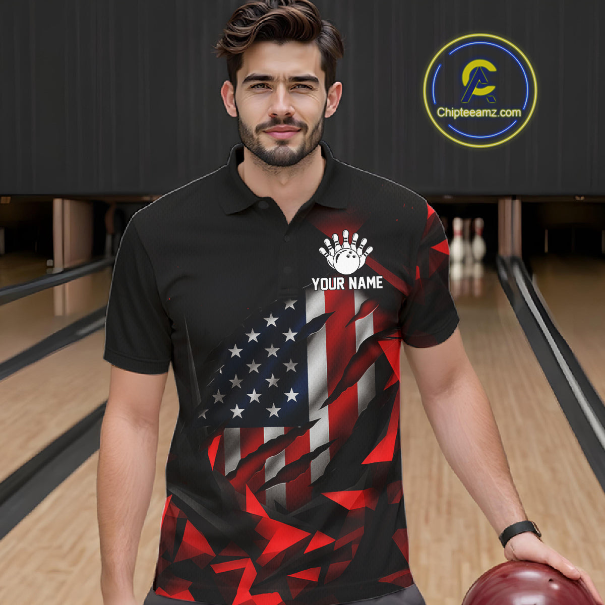Custom Red And Black Geometric Bowling Shirt US Flag Patriotic Bowling Tournament Jersey