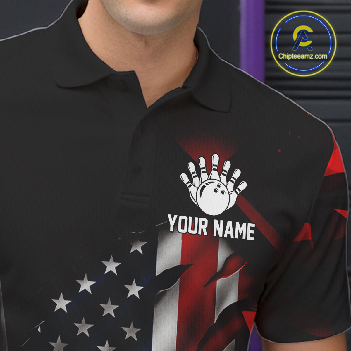 Custom Red And Black Geometric Bowling Shirt US Flag Patriotic Bowling Tournament Jersey