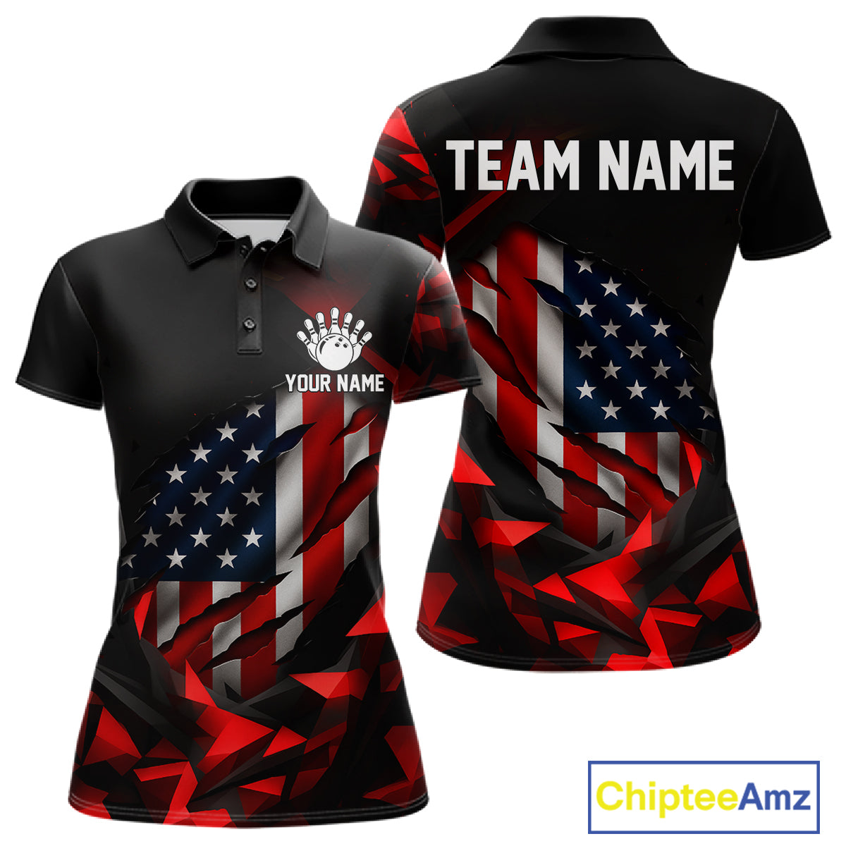 Custom Red And Black Geometric Bowling Shirt US Flag Patriotic Bowling Tournament Jersey