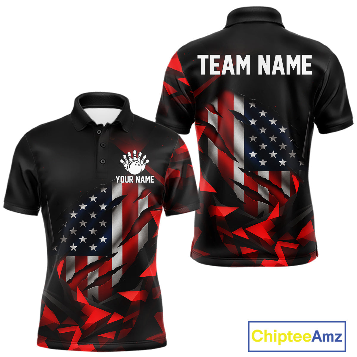Custom Red And Black Geometric Bowling Shirt US Flag Patriotic Bowling Tournament Jersey
