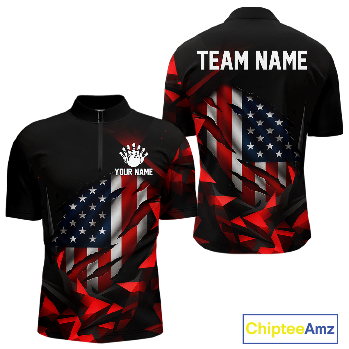 Custom Red And Black Geometric Bowling Shirt US Flag Patriotic Bowling Tournament Jersey