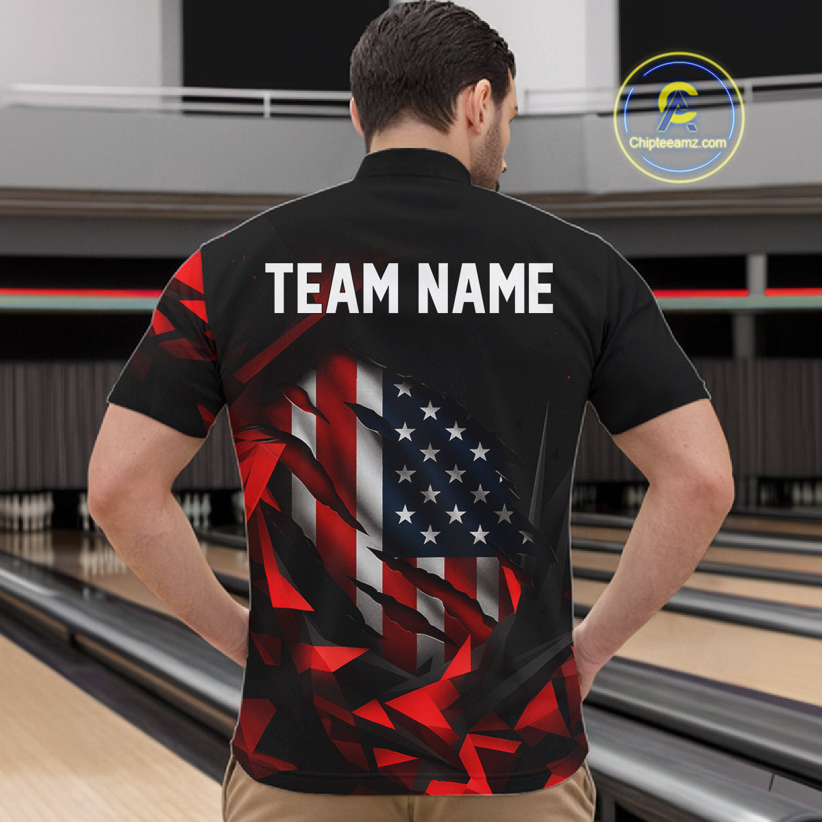 Custom Red And Black Geometric Bowling Shirt US Flag Patriotic Bowling Tournament Jersey