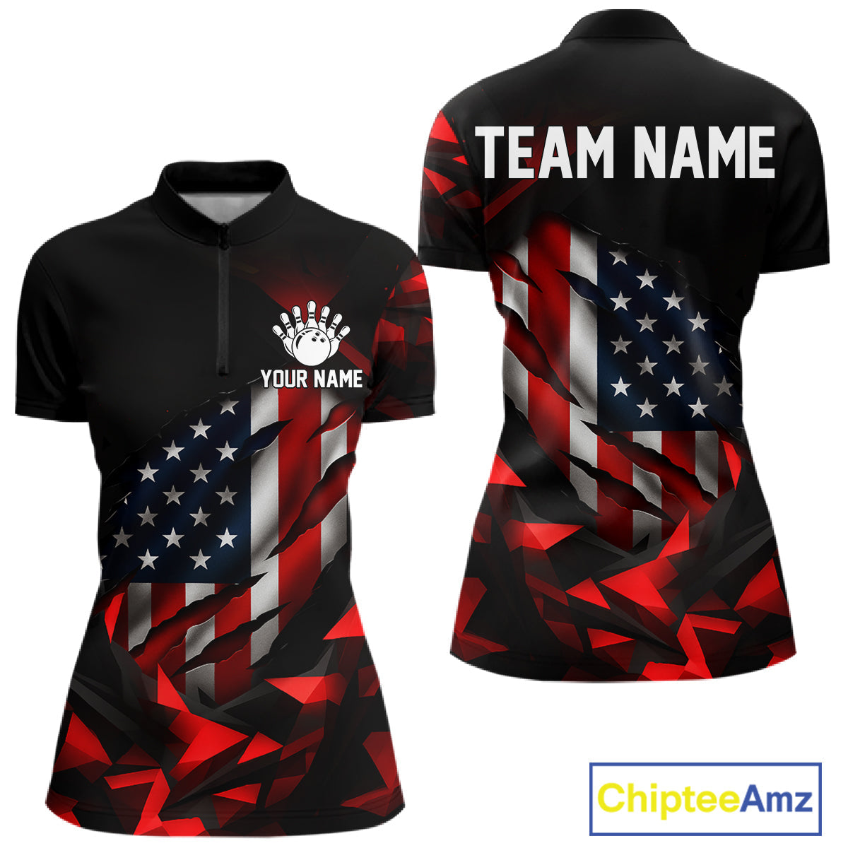 Custom Red And Black Geometric Bowling Shirt US Flag Patriotic Bowling Tournament Jersey