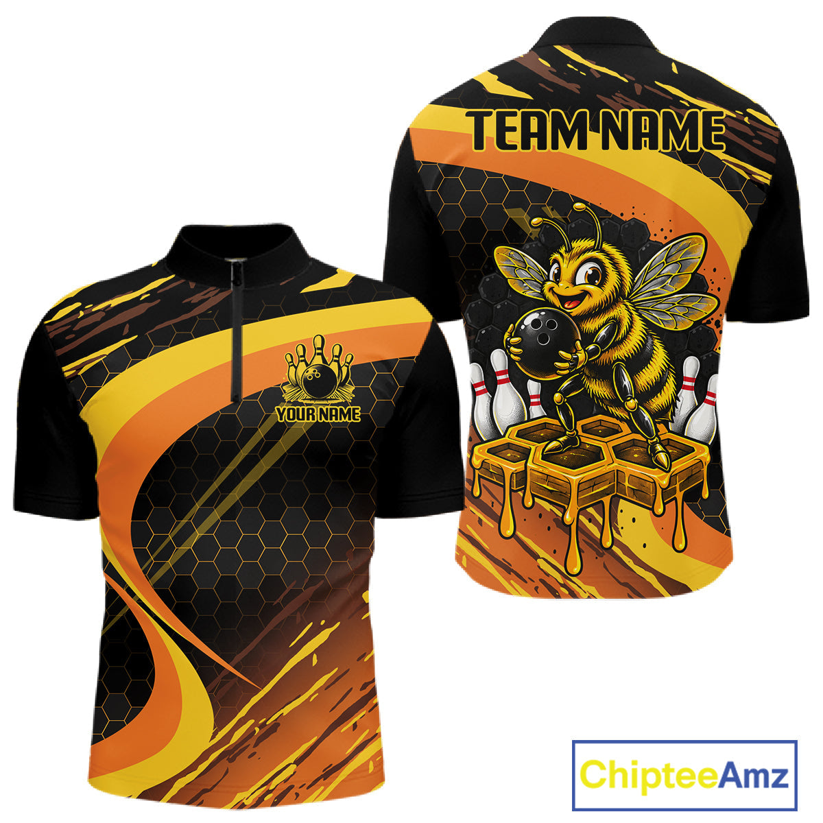 Personalized Honey Bee Bowling Polo 1/4-Zip Custom Funny Bee Bowling Tournament Jersey