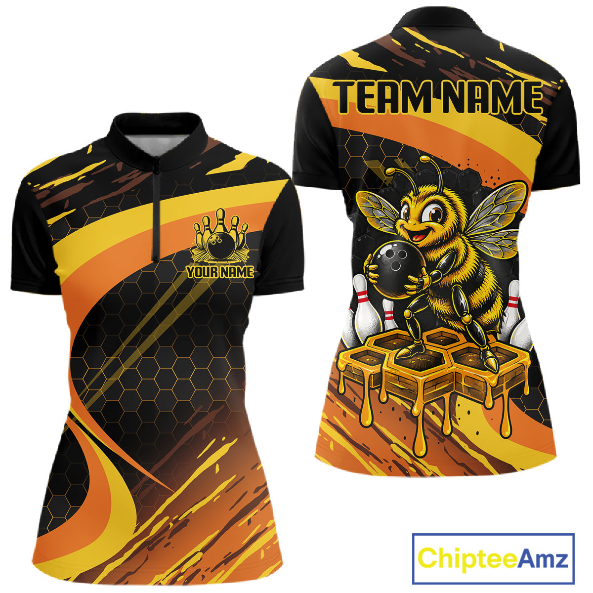 Personalized Honey Bee Bowling Polo 1/4-Zip Custom Funny Bee Bowling Tournament Jersey
