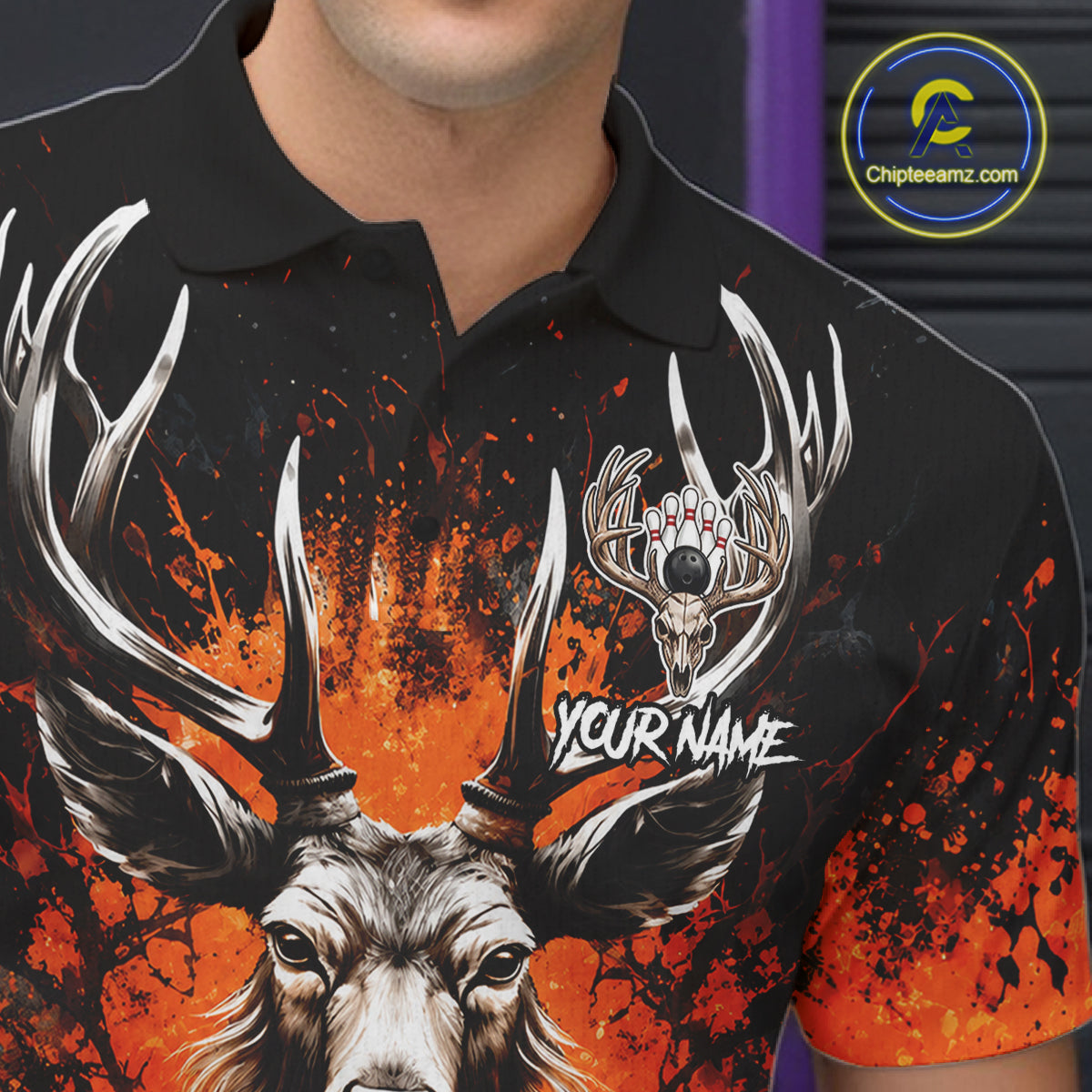 Orange Splatter Bowling Shirt Deer Bowling Jersey Personalized Name Bowling Tournament Shirt
