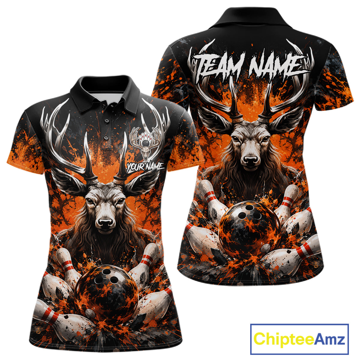 Orange Splatter Bowling Shirt Deer Bowling Jersey Personalized Name Bowling Tournament Shirt