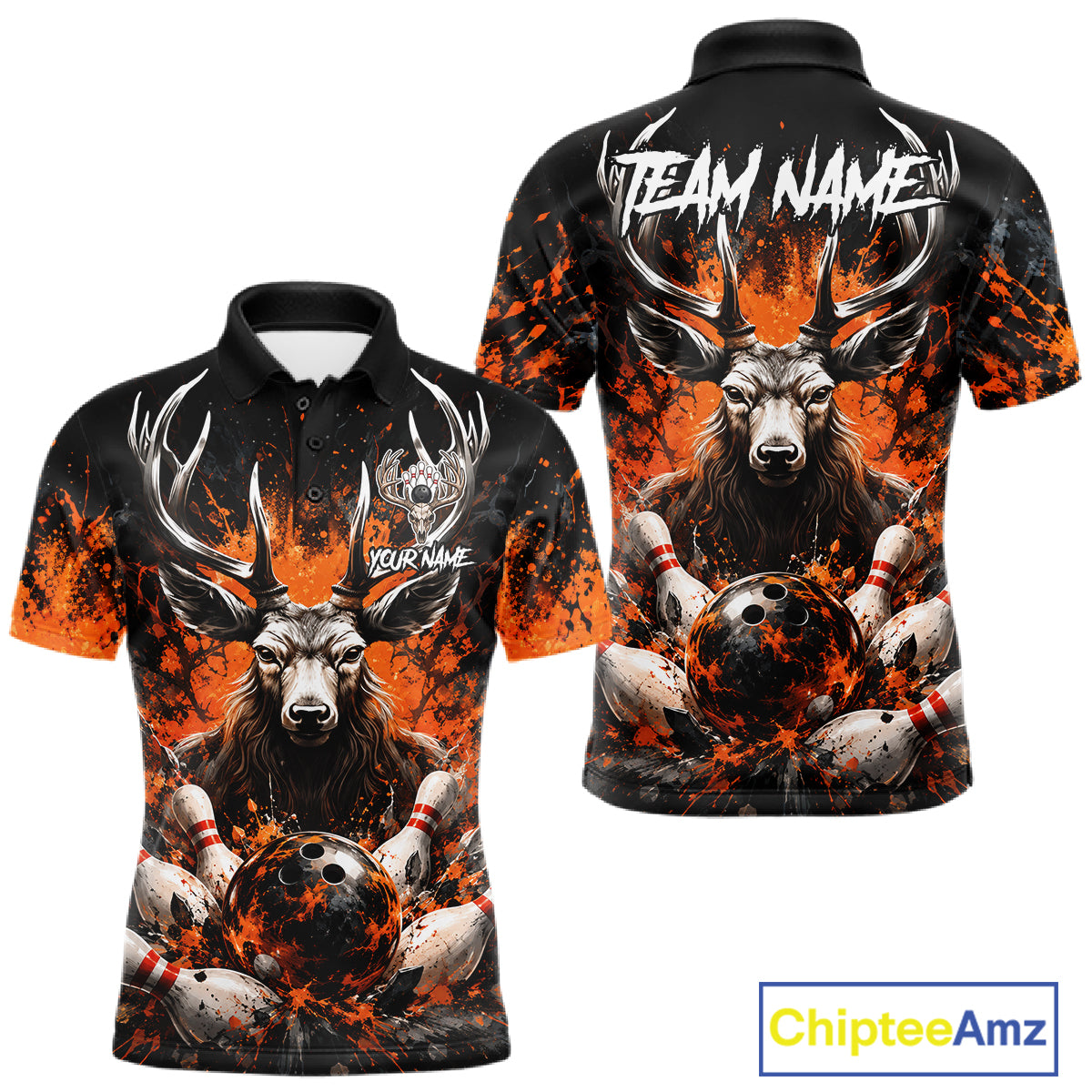 Orange Splatter Bowling Shirt Deer Bowling Jersey Personalized Name Bowling Tournament Shirt