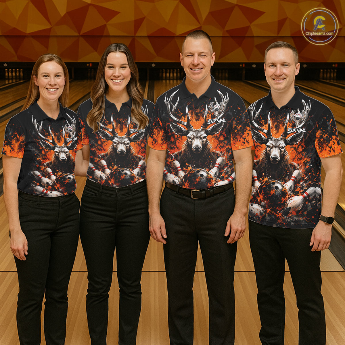 Orange Splatter Bowling Shirt Deer Bowling Jersey Personalized Name Bowling Tournament Shirt