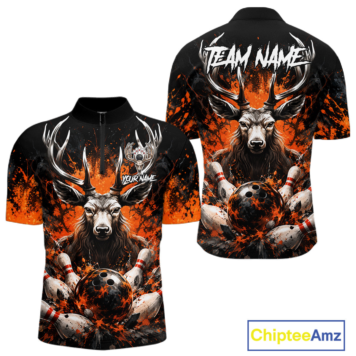 Orange Splatter Bowling Shirt Deer Bowling Jersey Personalized Name Bowling Tournament Shirt