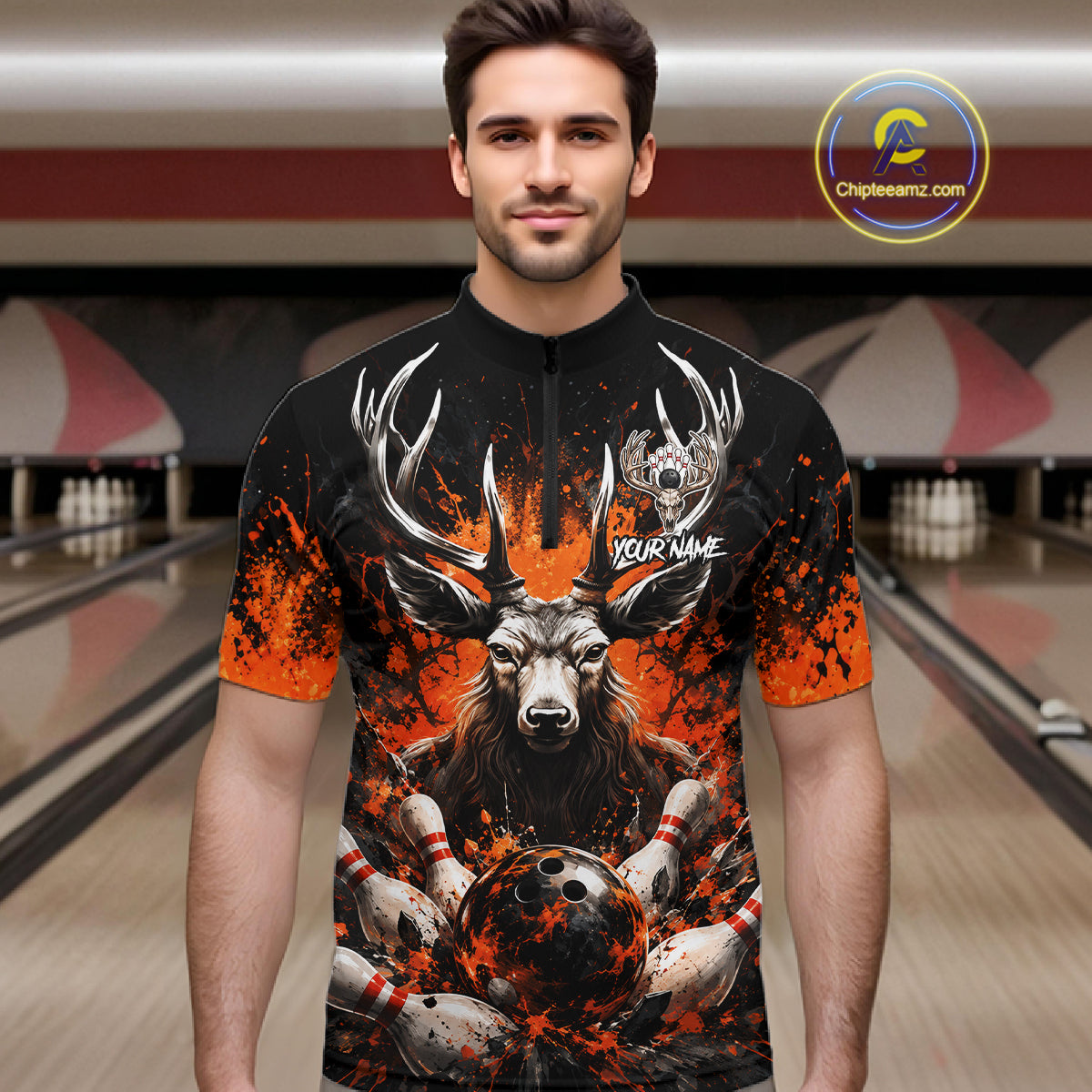 Orange Splatter Bowling Shirt Deer Bowling Jersey Personalized Name Bowling Tournament Shirt