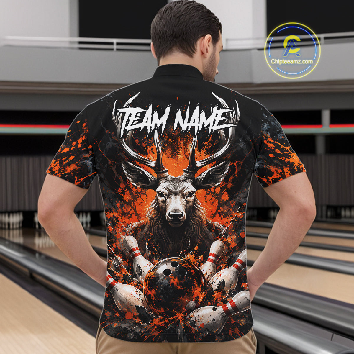 Orange Splatter Bowling Shirt Deer Bowling Jersey Personalized Name Bowling Tournament Shirt